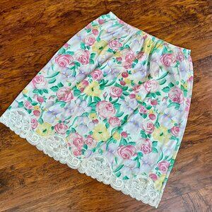 Vintage Pastel Floral Mid-length Slip Skirt with White Lace Detail